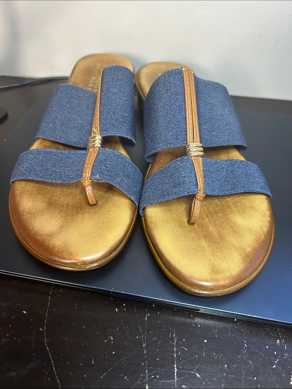 Italian Shoemakers Navy & Tan Toe Loop Slide Sandals Size 7